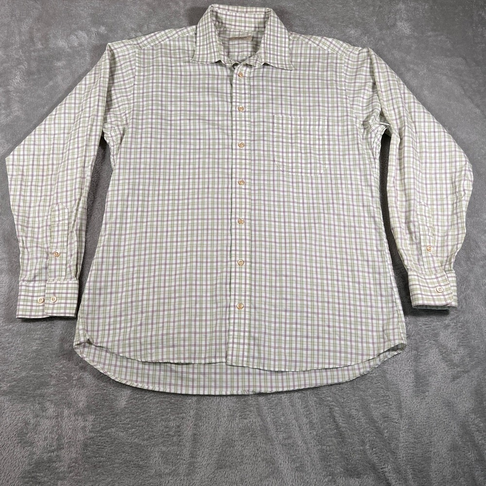 Burberry London Shirt Mens White Green Plaid Check Button Up Long Sleeve Dress